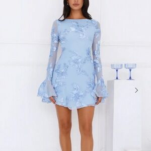 Floral Long Sleeve Blue Dress